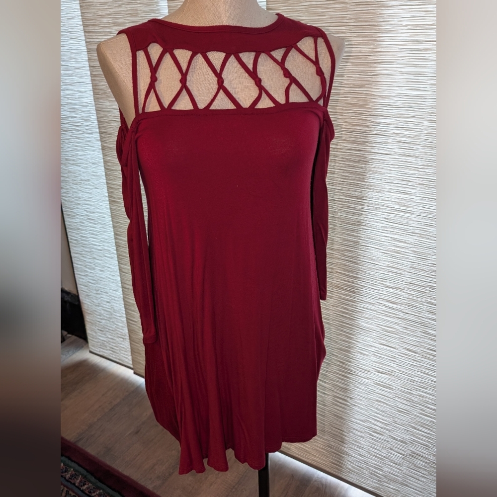 Poof! Burgundy Long Sleeve Dress with Lattice Neckline